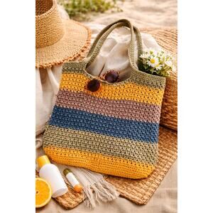 Handmade Crochet Tote Bag | Boho Striped Market Beach Bag